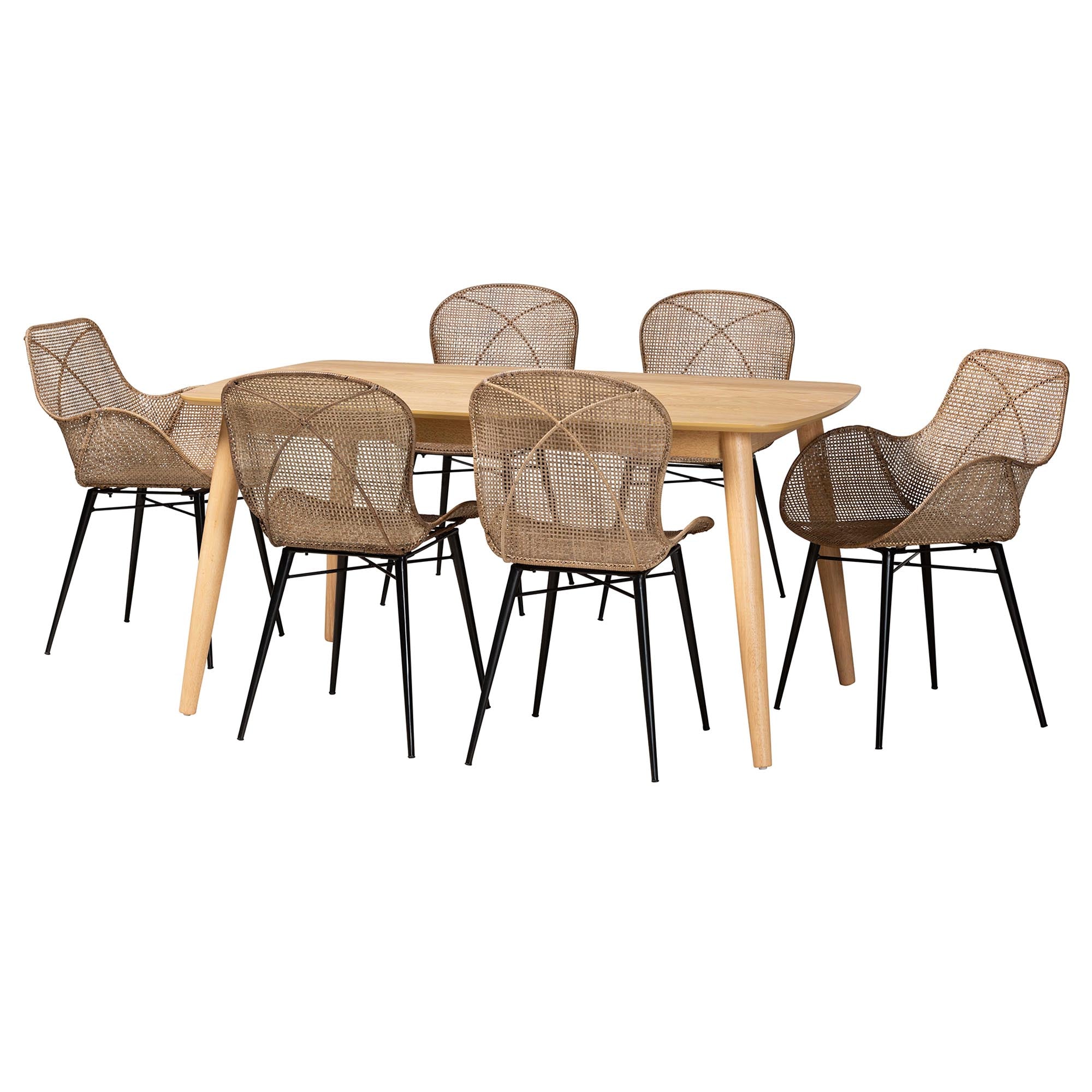 Baxton Studio Emmali Modern Bohemian Greywashed Rattan and Natural Brown Finished Wood 7-Piece Dining Set