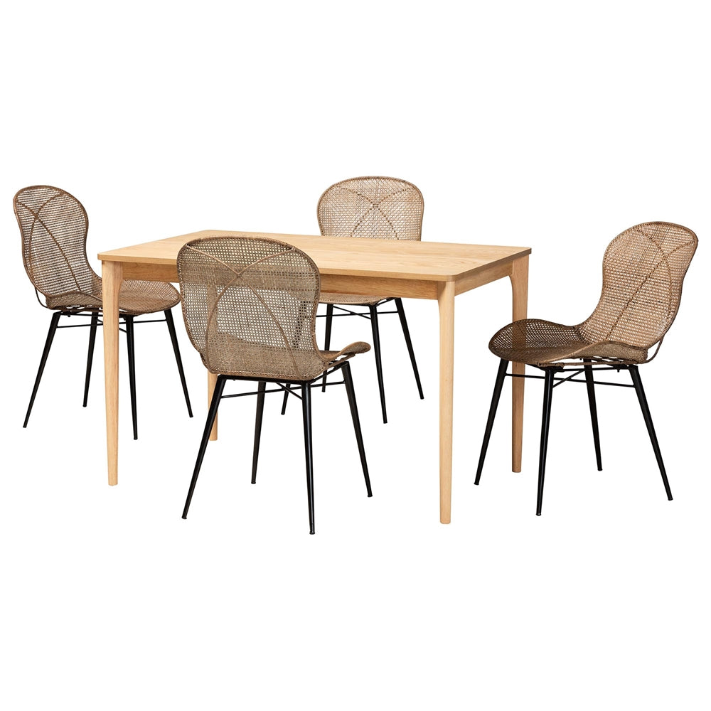 Sabelle Japandi Natural Brown Finished Wood and Greywashed Rattan 5-Piece Dining Set