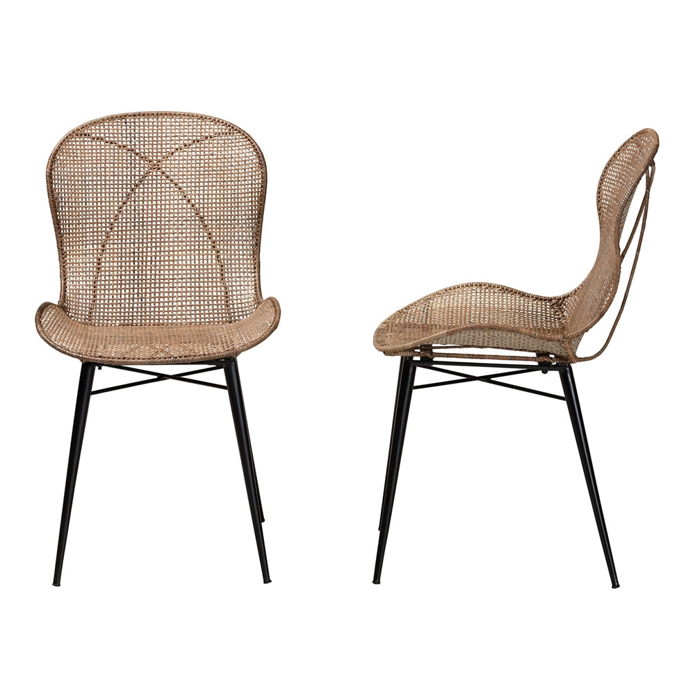 bali & pari Sabelle Japandi Greywashed Rattan and Black Metal 2-Piece Dining Chair Set