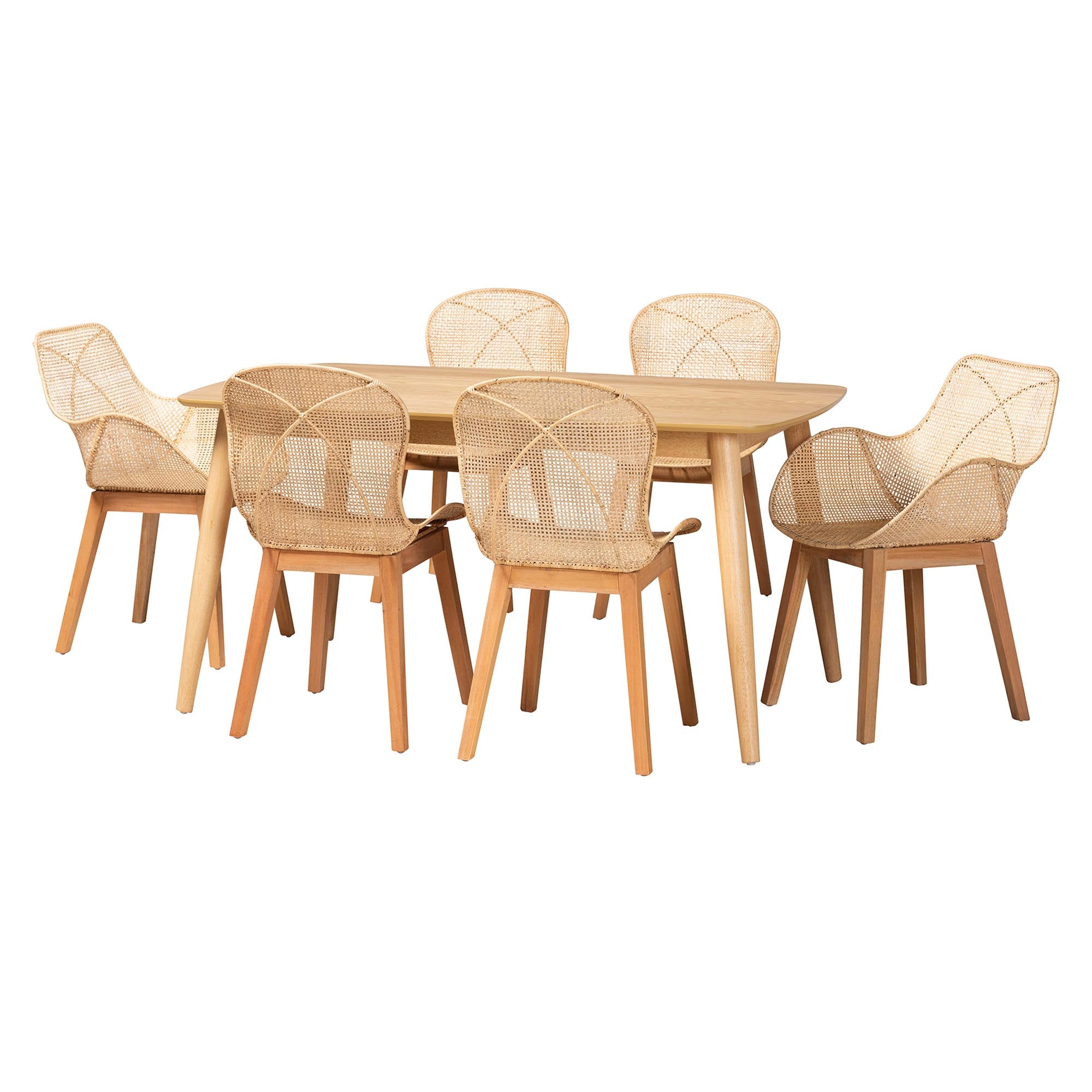 Baxton Studio Emmali Modern Bohemian Natural Brown Finished Wood and Rattan 7-Piece Dining Set
