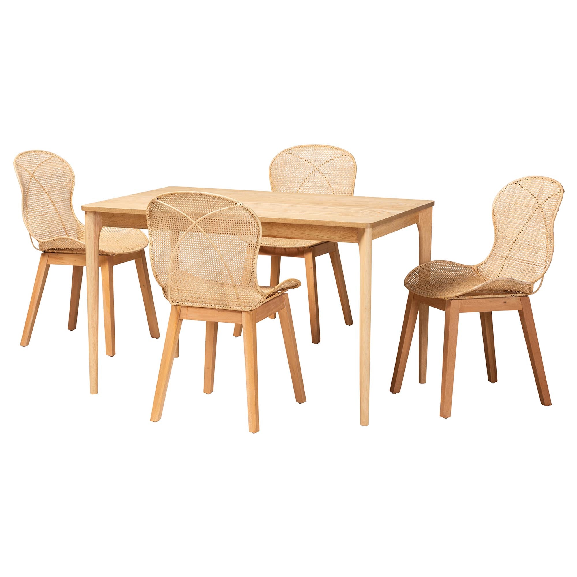 Sabelle Japandi Natural Brown Mahogany Wood and Rattan 5-Piece Dining Set