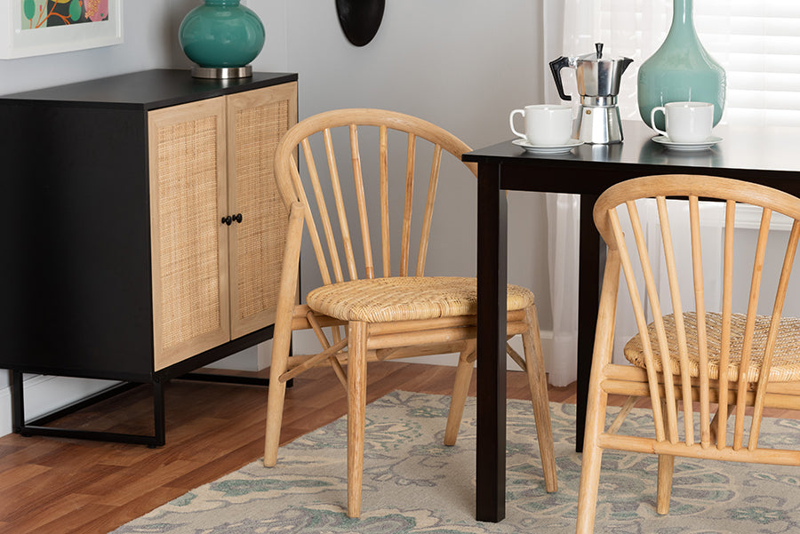 bali & pari Kobe Mid-Century Modern Natural Brown Finished Wood and Rattan Dining Chair