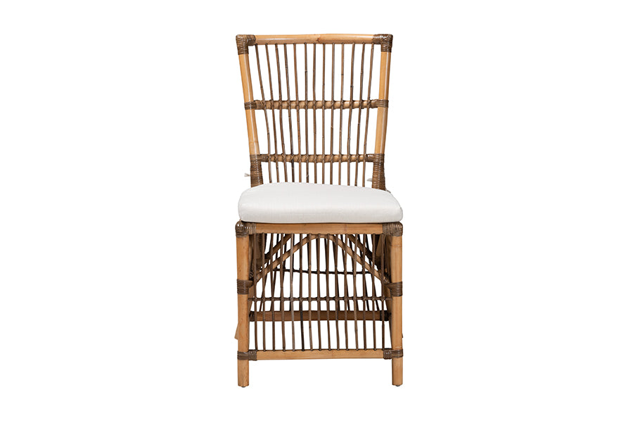 bali & pari Kim Modern Bohemian White Fabric and Natural Brown Rattan Dining Chair