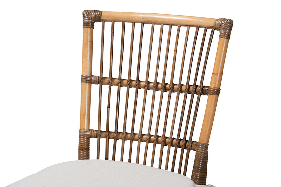 bali & pari Kim Modern Bohemian White Fabric and Natural Brown Rattan Dining Chair