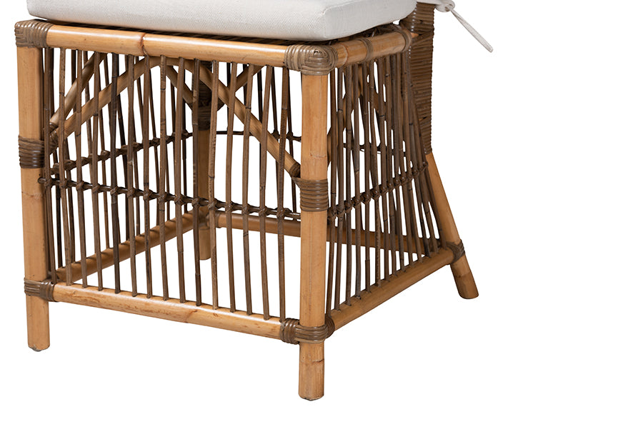 bali & pari Kim Modern Bohemian White Fabric and Natural Brown Rattan Dining Chair