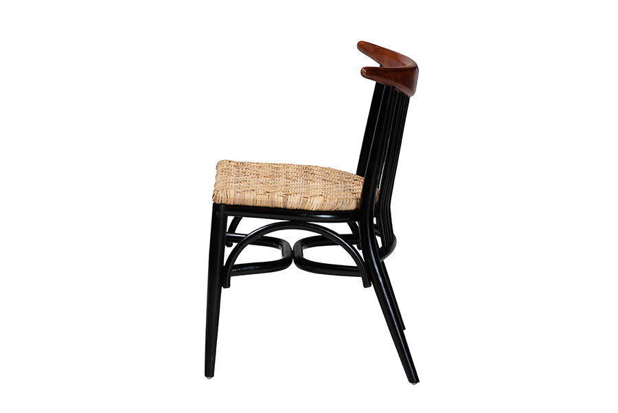 bali & pari Parthenia Mid-Century Modern Two-Tone Black and Walnut Brown Finished Mahogany Wood and Natural Rattan Dining Chair