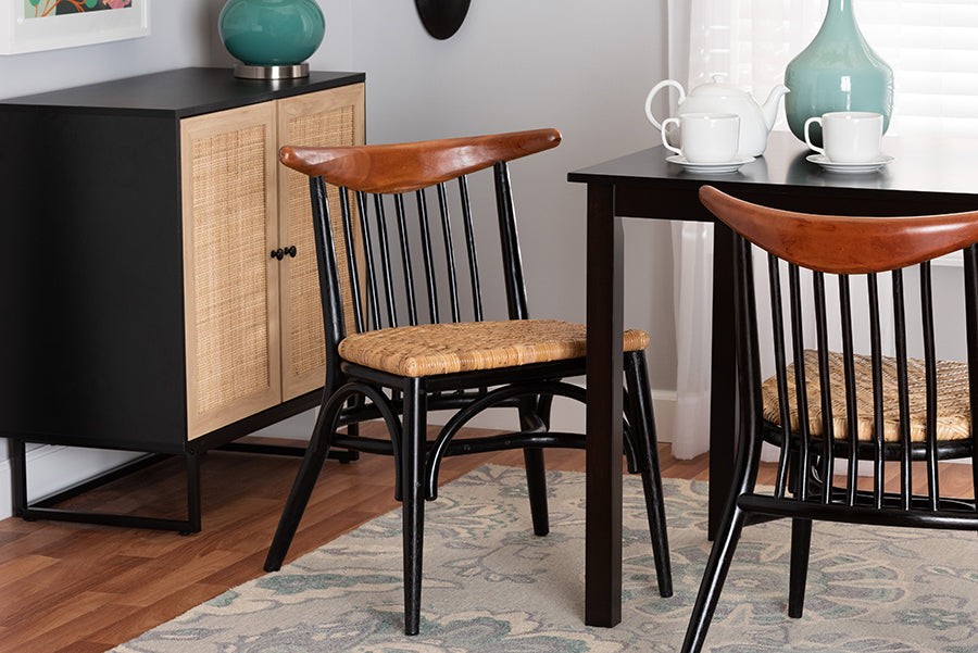 bali & pari Parthenia Mid-Century Modern Two-Tone Black and Walnut Brown Finished Mahogany Wood and Natural Rattan Dining Chair