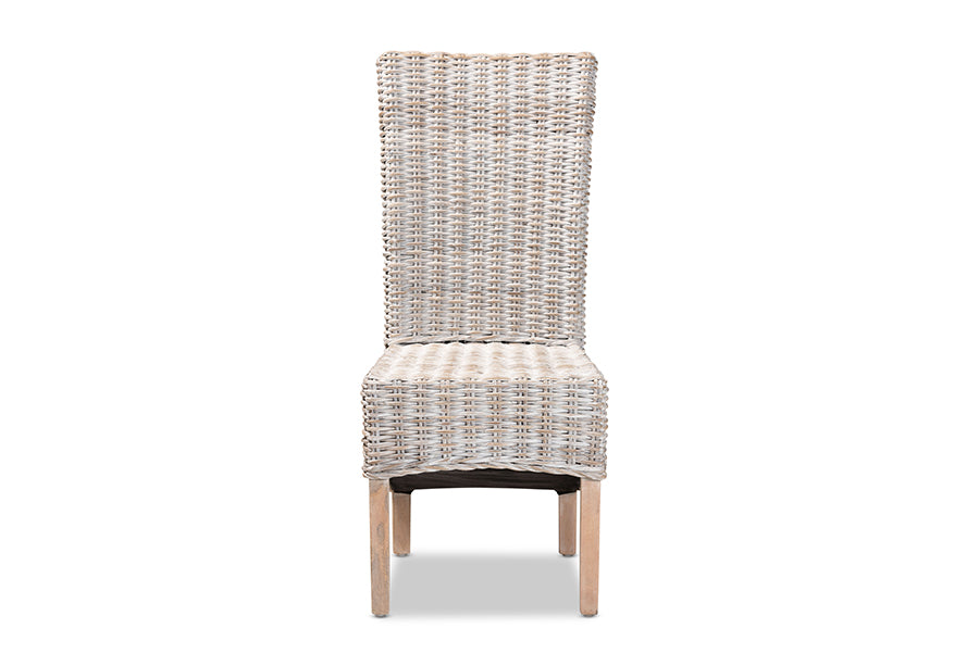 bali & pari Trianna Rustic Transitional Whitewashed Rattan and Natural Brown Finished Wood Dining Chair