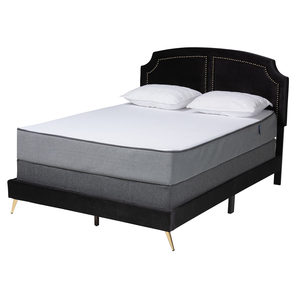Queen Bed Black Velvet & Gold Metal – Panel Headboard Design