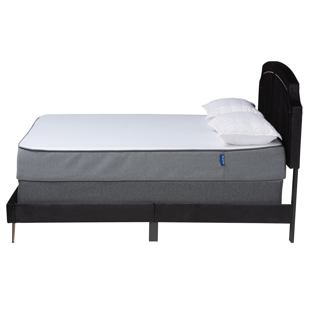 Queen Bed Black Velvet & Gold Metal – Luxe Panel Headboard Design