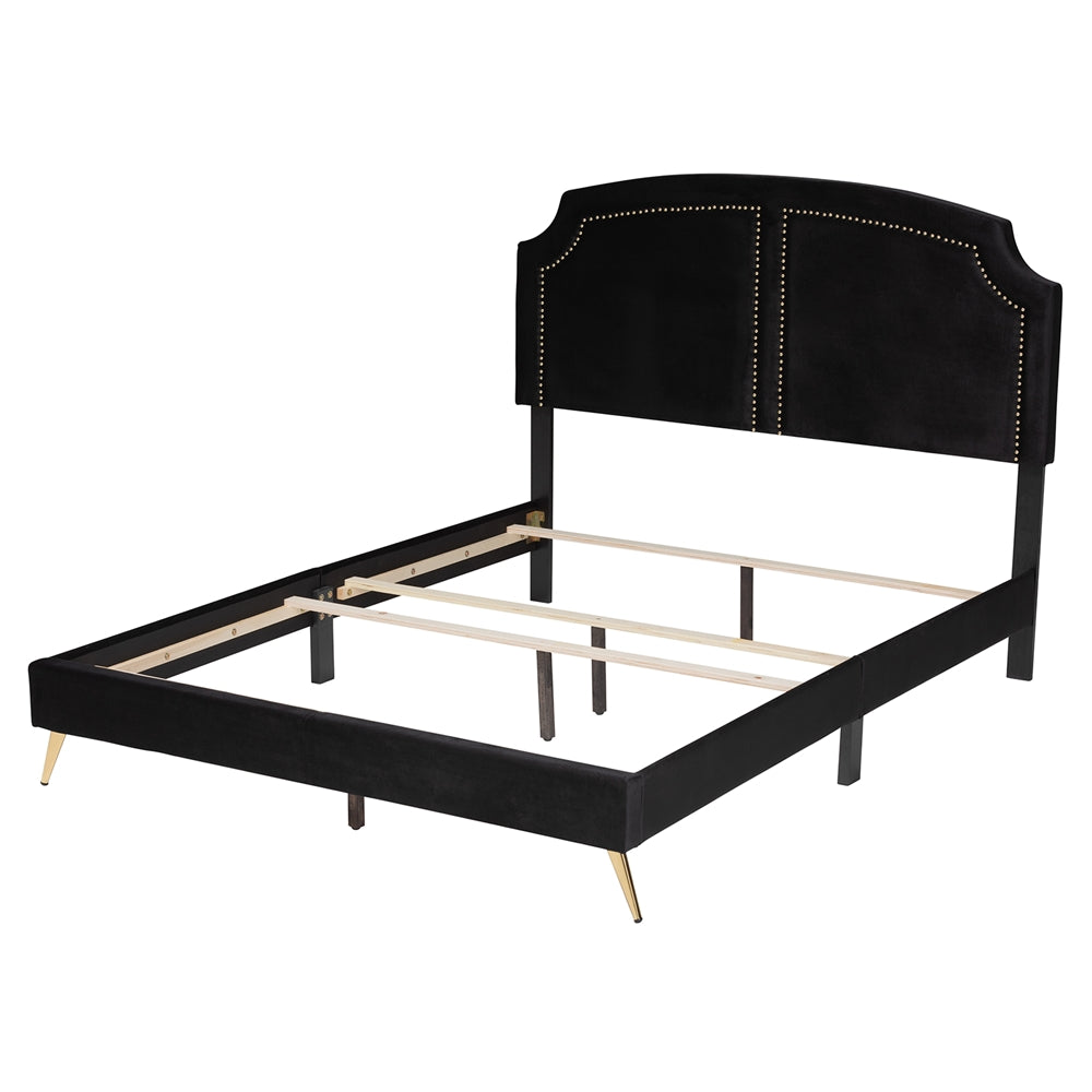 Queen Bed Black Velvet & Gold Metal – Luxe Panel Headboard Design