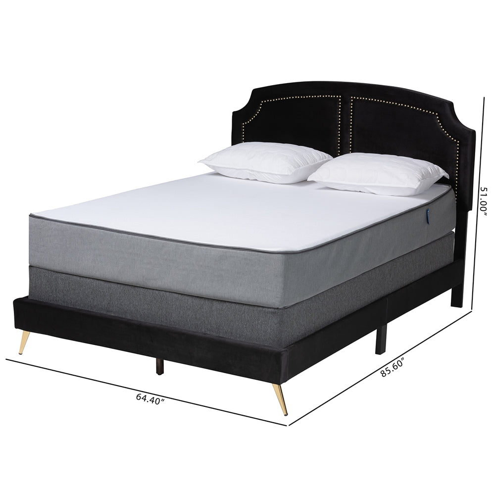 Queen Bed Black Velvet & Gold Metal – Luxe Panel Headboard Design