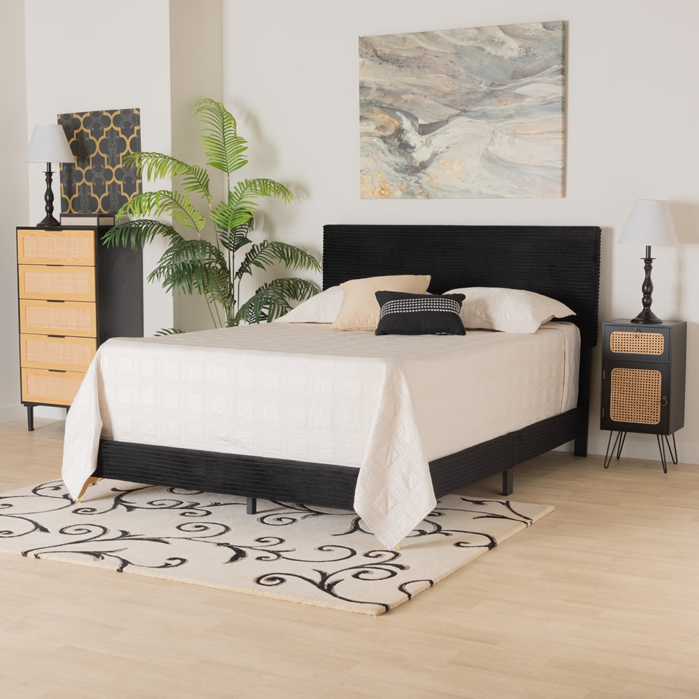 Marrero Queen Upholstered Bed – Contemporary Black Velvet & Gold Metal