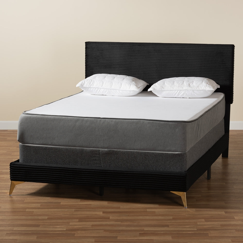 Marrero Queen Upholstered Bed – Contemporary Black Velvet & Gold Metal