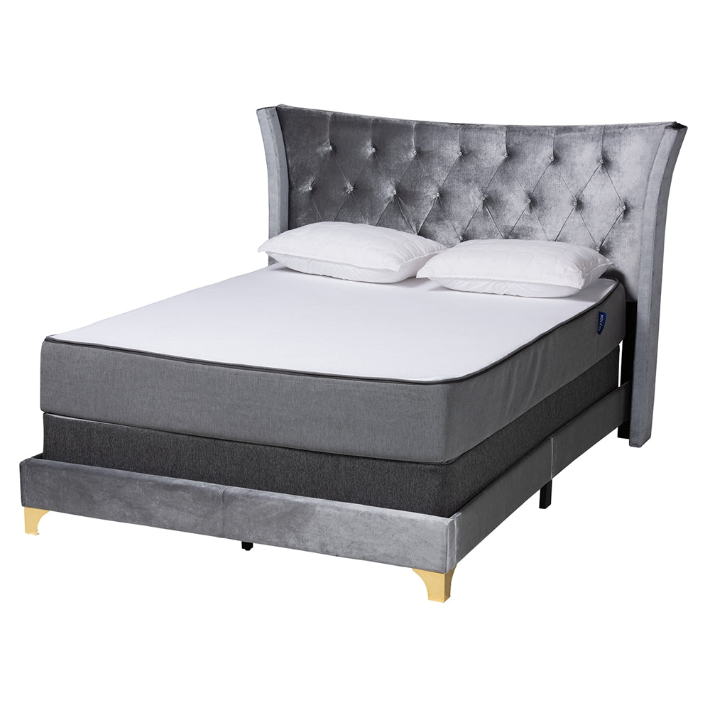 Ralston Queen Velvet Upholstered Bed – Contemporary Glam with Gold Metal Accents