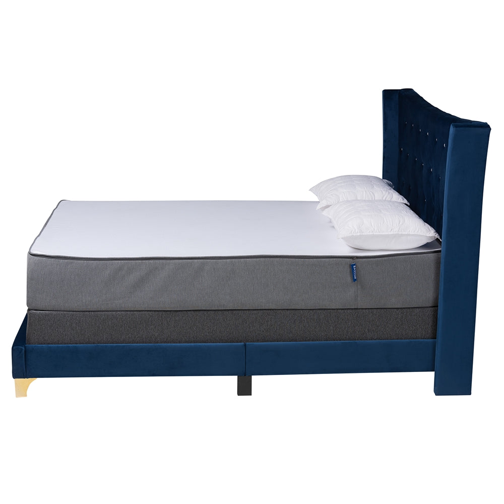 Ralston Queen Velvet Upholstered Bed – Contemporary Glam with Gold Metal Accents