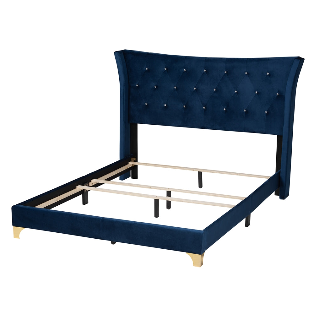 Ralston Queen Velvet Upholstered Bed – Contemporary Glam with Gold Metal Accents