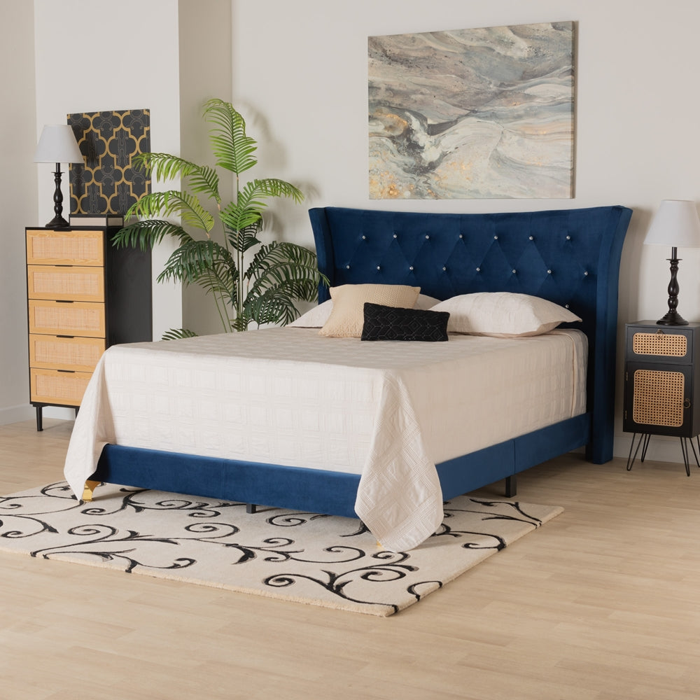Ralston Queen Velvet Upholstered Bed – Contemporary Glam with Gold Metal Accents