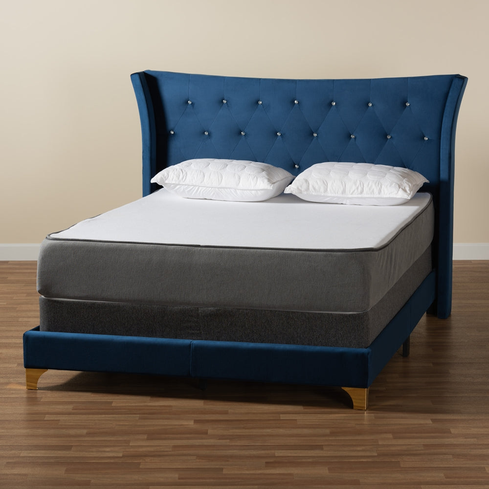 Ralston Queen Velvet Upholstered Bed – Contemporary Glam with Gold Metal Accents