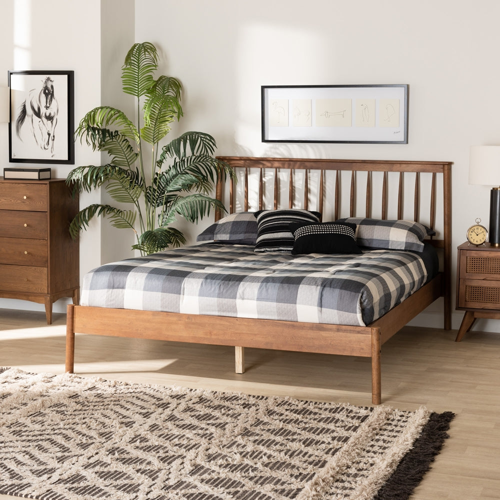 Angeline Queen Size Wood Platform Bed – Mid-Century Modern Spindle Headboard Frame