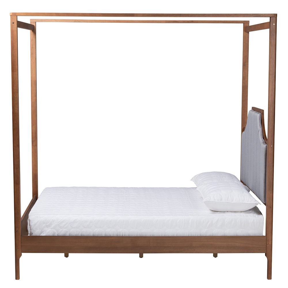 Deidra Queen Upholstered Platform Canopy Bed - Grey Fabric with Walnut Wood Accents
