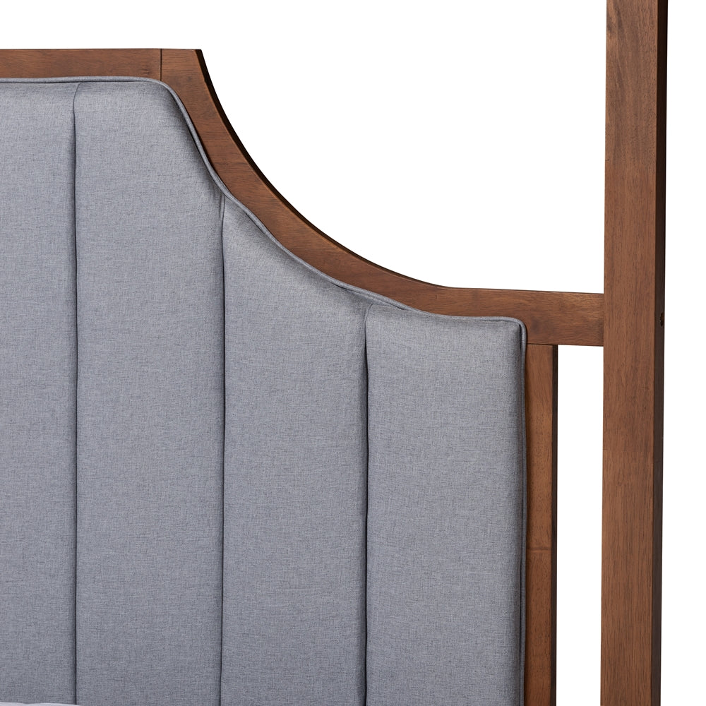 Deidra Queen Upholstered Platform Canopy Bed - Grey Fabric with Walnut Wood Accents
