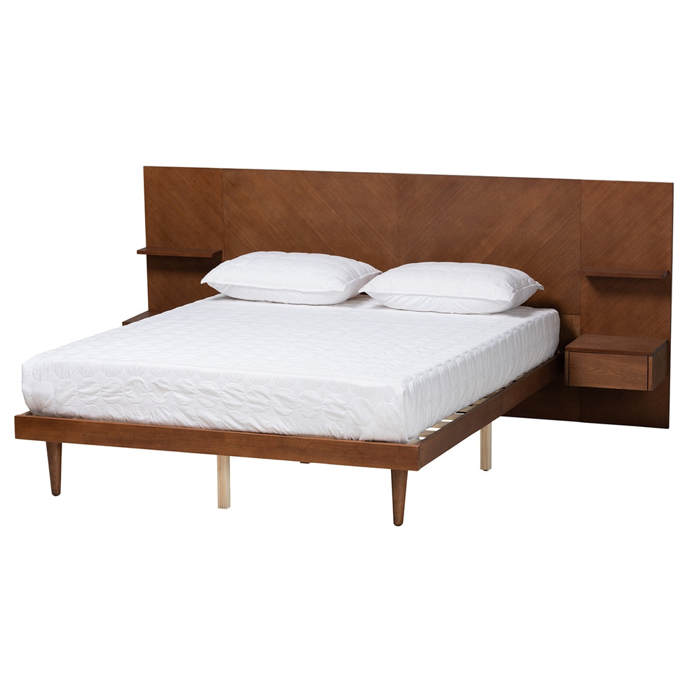 Joanie Ash Walnut Finished Wood Queen Size Platform Storage Bed With Built-In Nightstands