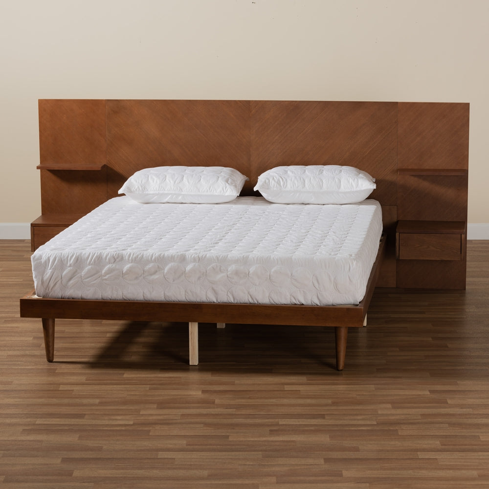 Joanie Ash Walnut Finished Wood Queen Size Platform Storage Bed With Built-In Nightstands