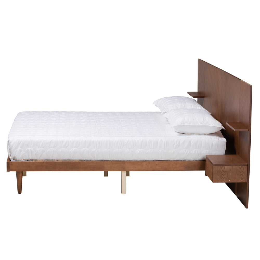 Joanie Ash Walnut Finished Wood Queen Size Platform Storage Bed With Built-In Nightstands