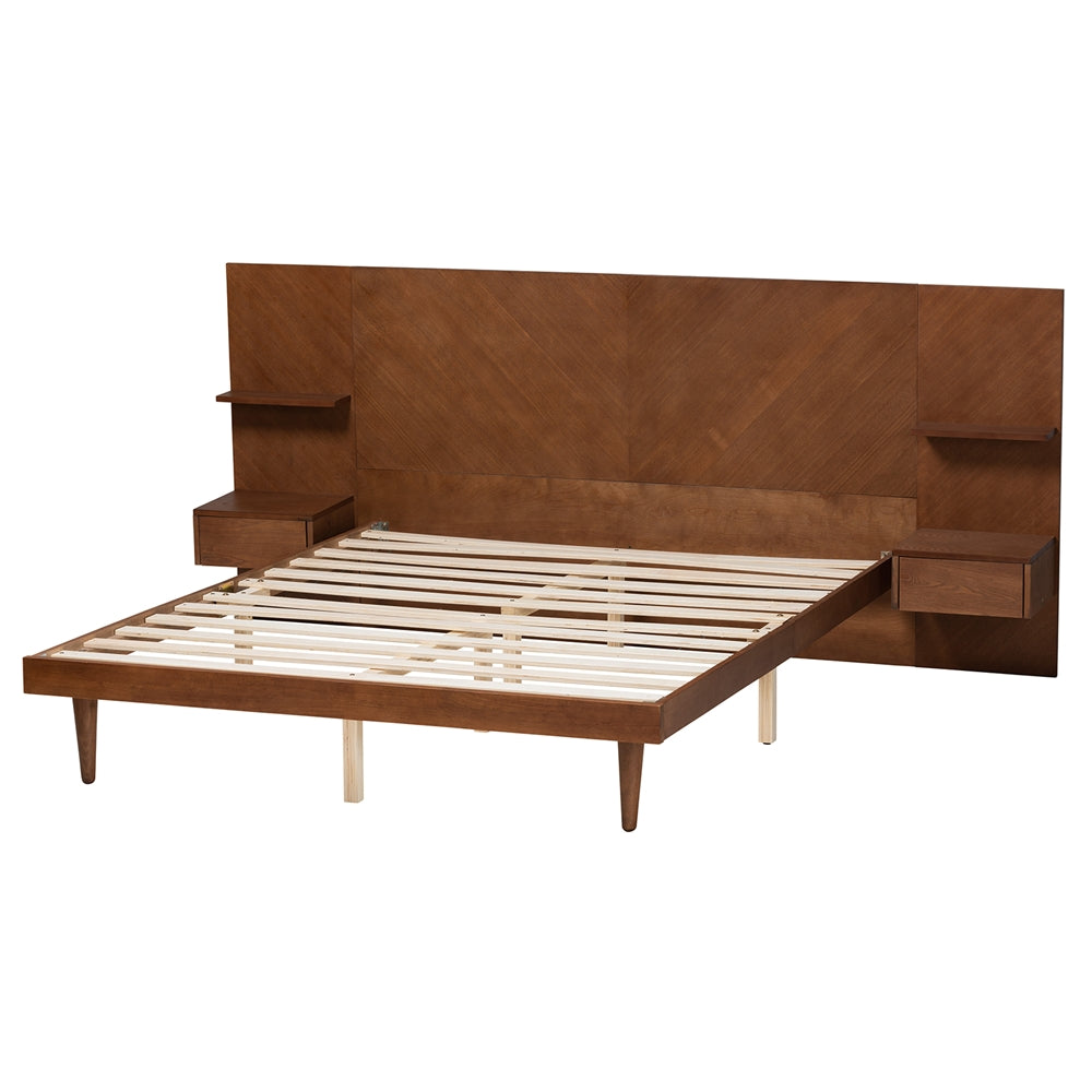 Joanie Ash Walnut Finished Wood Queen Size Platform Storage Bed With Built-In Nightstands