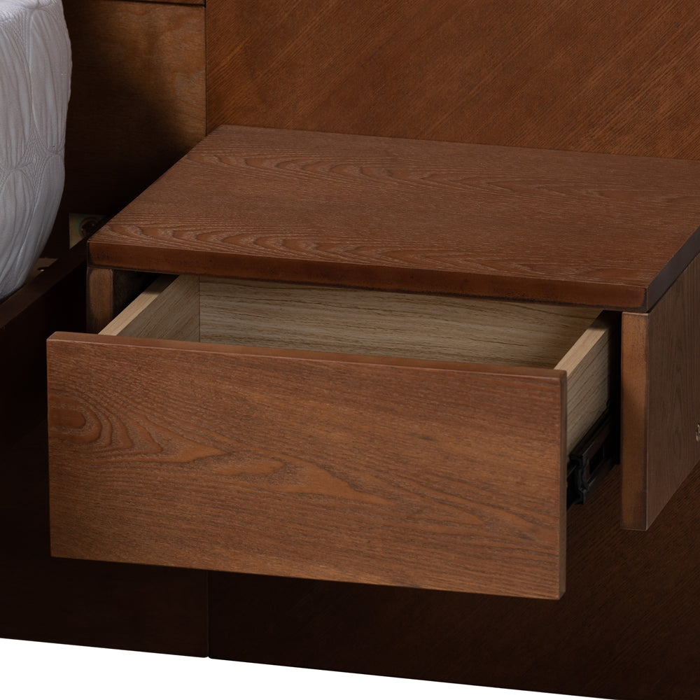 Joanie Ash Walnut Finished Wood Queen Size Platform Storage Bed With Built-In Nightstands