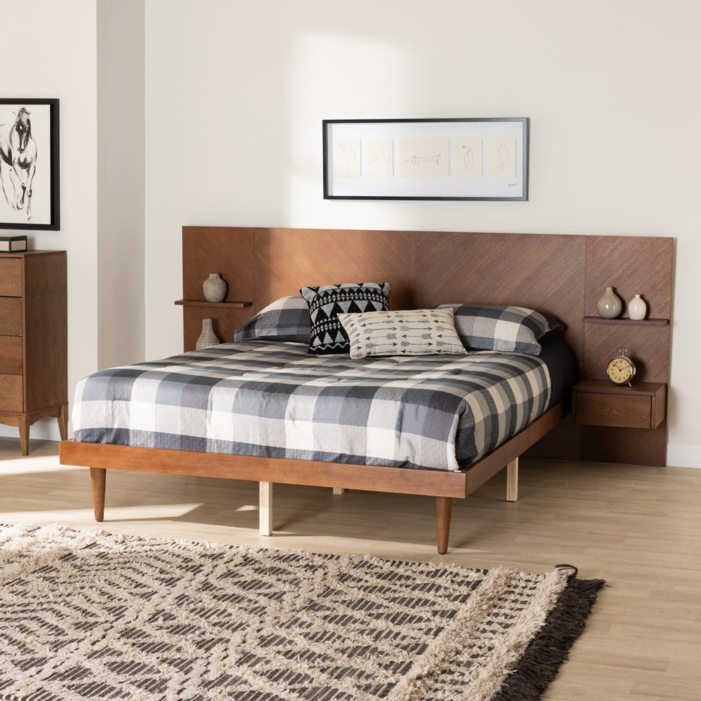 Joanie Ash Walnut Finished Wood Queen Size Platform Storage Bed With Built-In Nightstands