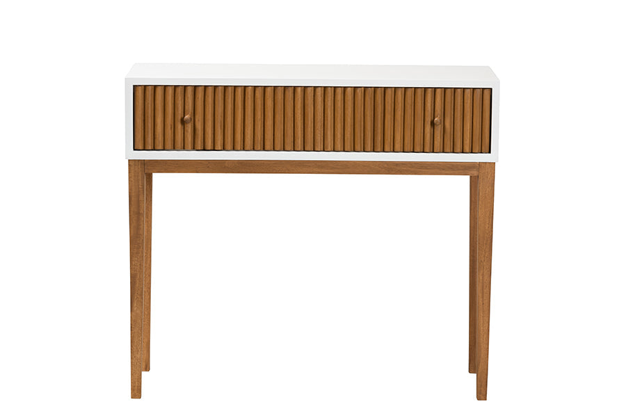 Odile Mid-Century Modern Two-Tone Natural Brown and White Bayur Wood 1-Drawer Console Table