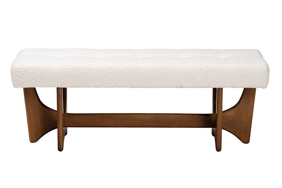 Theo Japandi Cream Boucle Fabric and Walnut Brown Finished Wood Bench