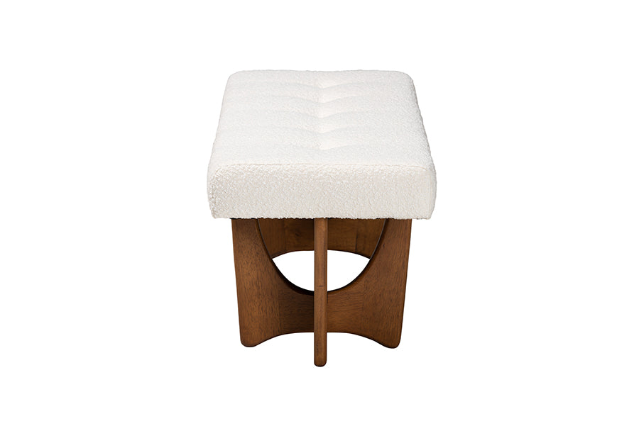 Theo Japandi Cream Boucle Fabric and Walnut Brown Finished Wood Bench