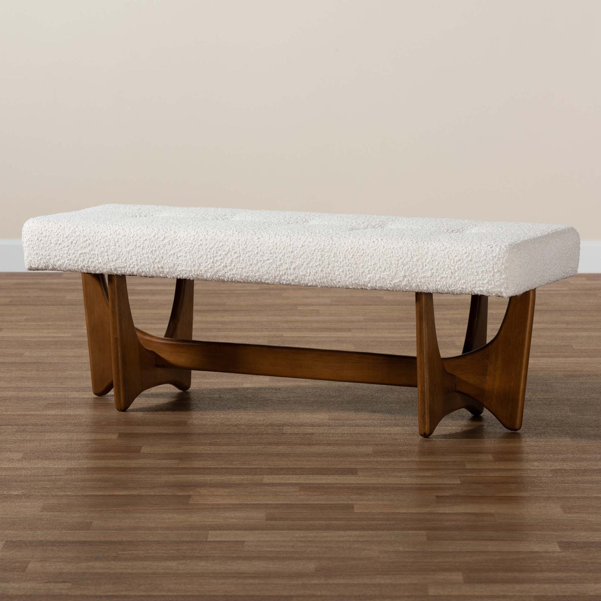 Theo Japandi Cream Boucle Fabric and Walnut Brown Finished Wood Bench