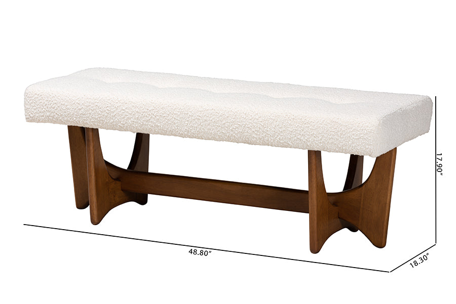 Theo Japandi Cream Boucle Fabric and Walnut Brown Finished Wood Bench