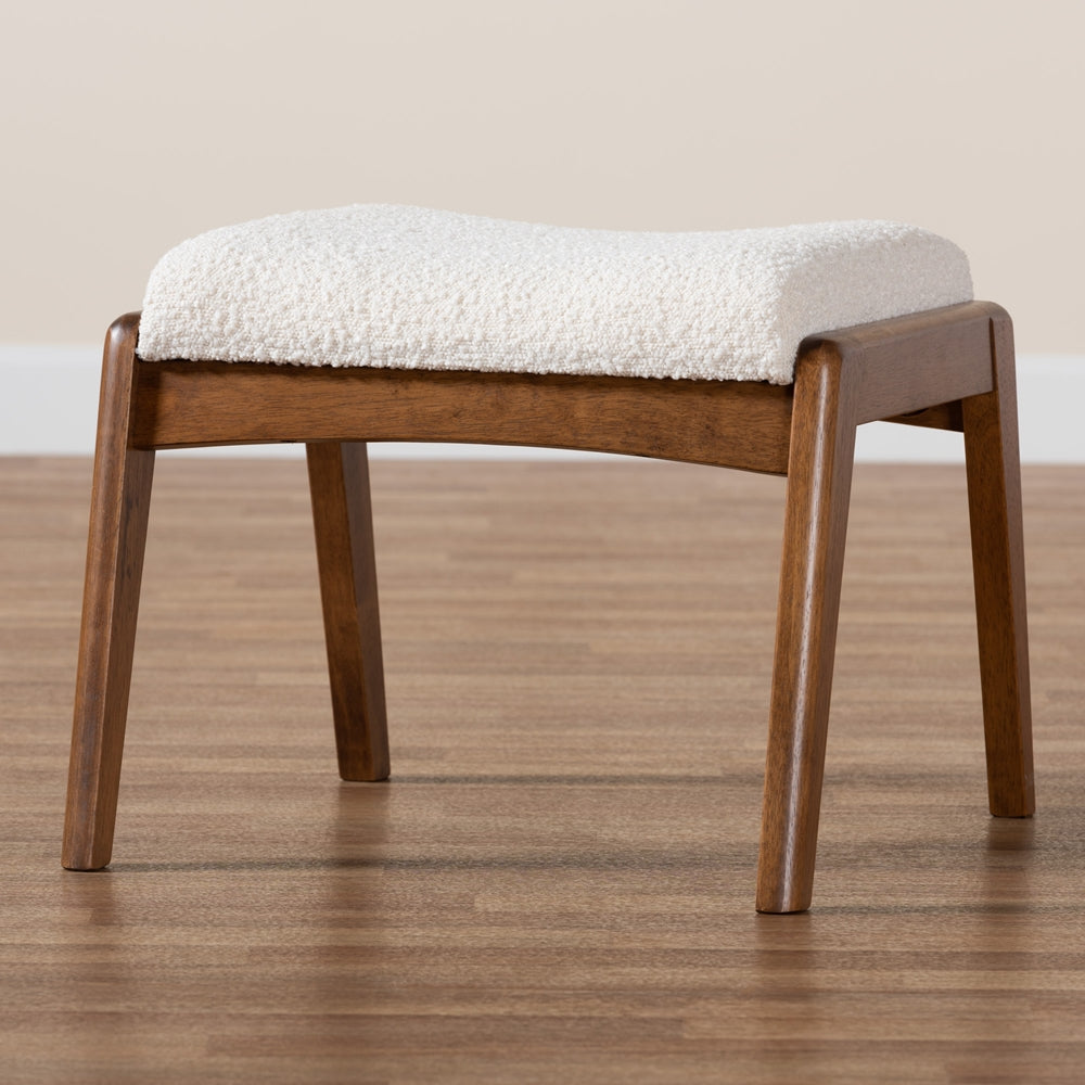 Roxy Mid-Century Modern Off-White Boucle Upholstered and Walnut Brown Finished Wood Ottoman Footstool