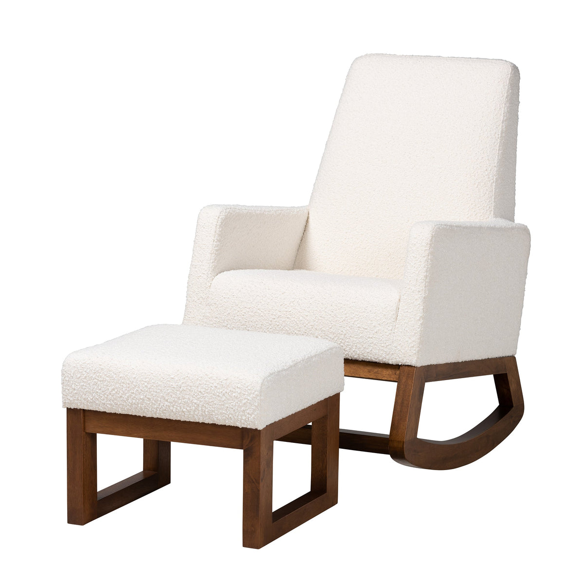 Yashiya Mid-Century Modern Off-White Boucle Upholstered and Walnut Brown Finished Wood 2-Piece Rocking Chair and Ottoman Set