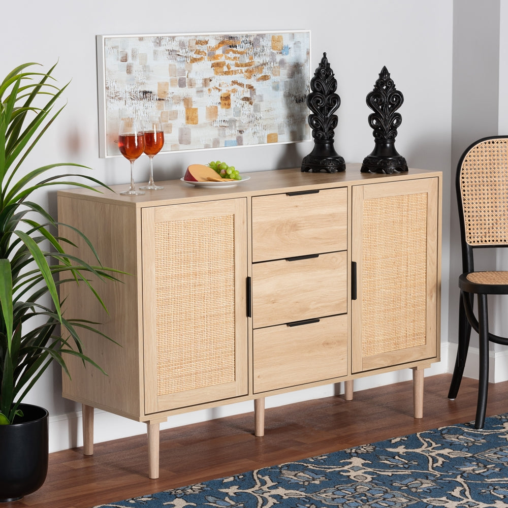 Harrison Mid-Century Modern Natural Brown Finished Wood and Natural Rattan 3-Drawer Sideboard