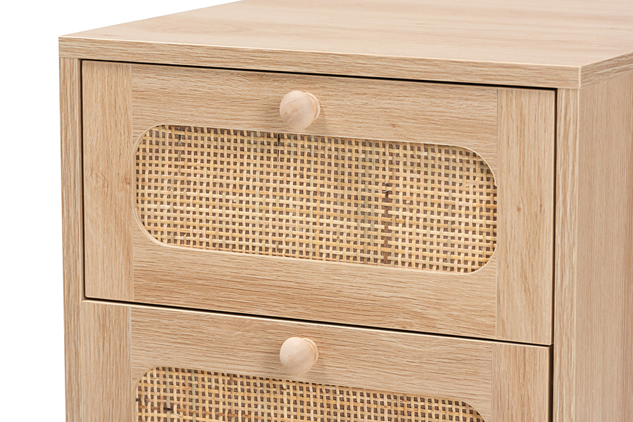 Elsbeth Mid-Century Modern Light Brown Finished Wood and Natural Rattan 1-Drawer End Table