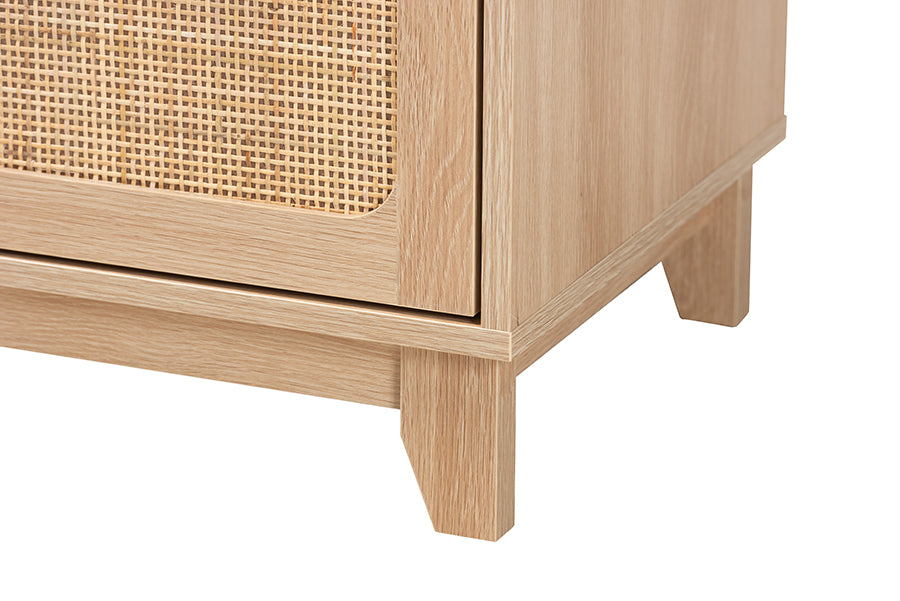 Elsbeth Mid-Century Modern Light Brown Finished Wood and Natural Rattan 1-Drawer End Table