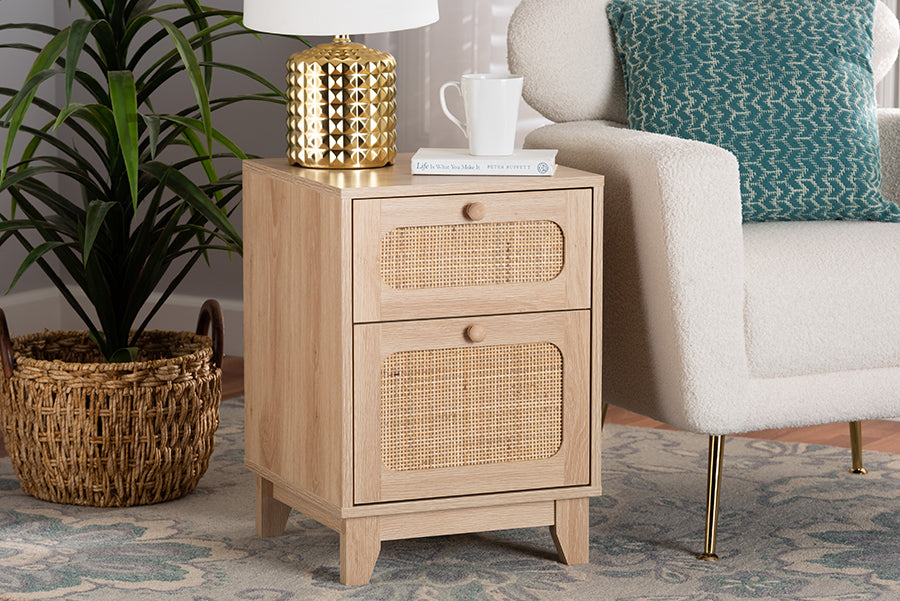 Elsbeth Mid-Century Modern Light Brown Finished Wood and Natural Rattan 1-Drawer End Table
