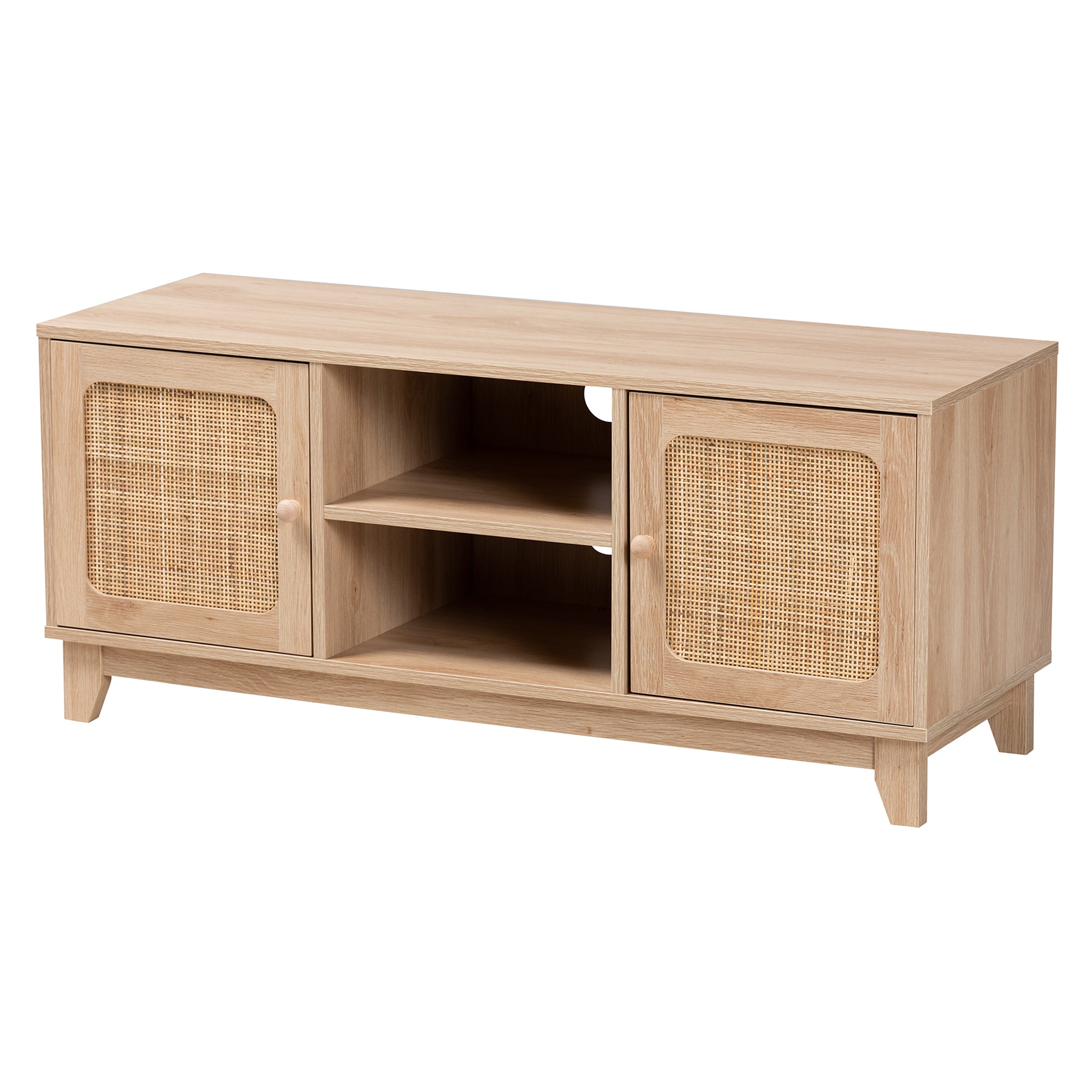 Baxton Studio Elsbeth Mid-Century Modern Light Brown Finished Wood and Natural Rattan 2-Door TV Stand