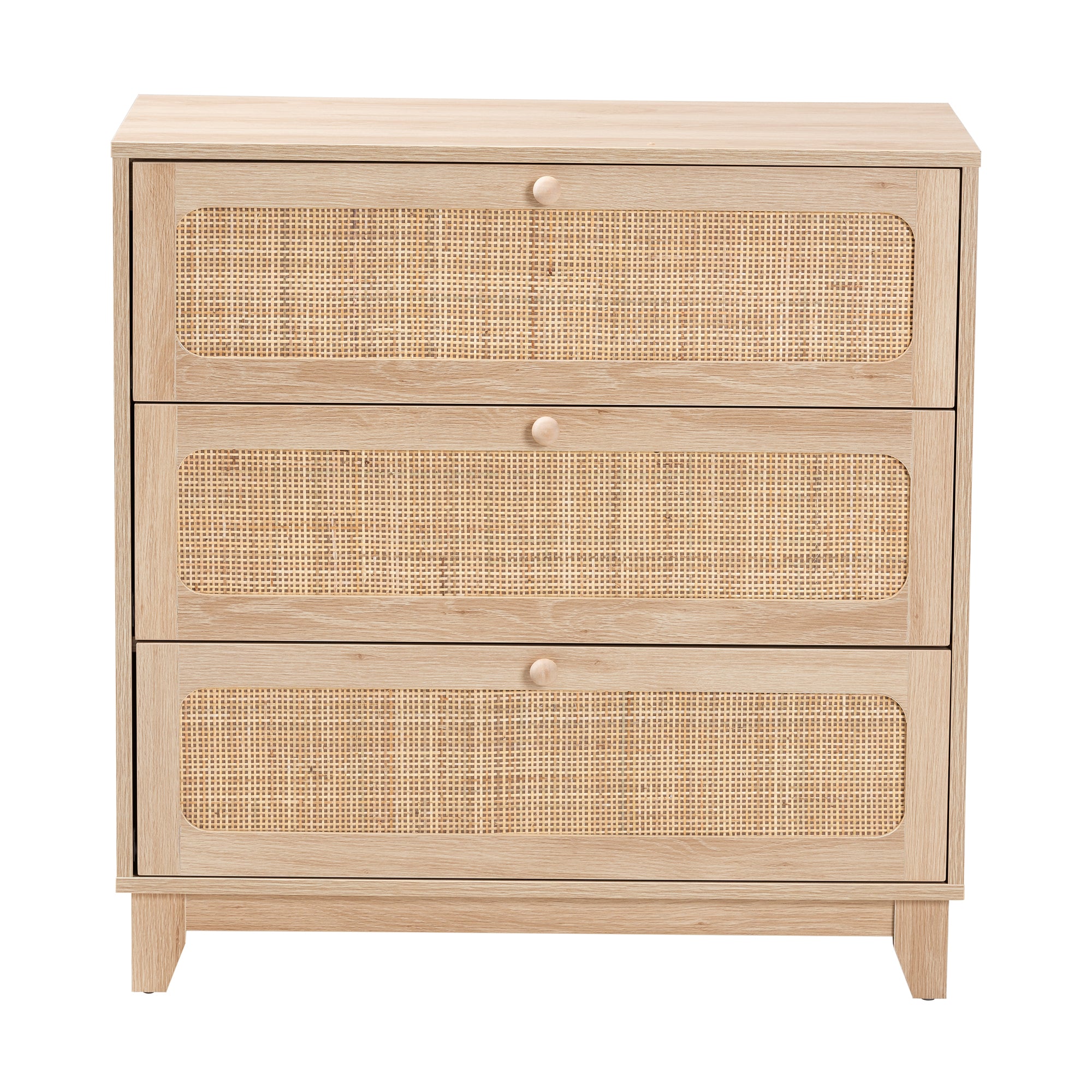 Elsbeth Japandi Oak Brown Finished Wood and Natural Rattan 3-Drawer Storage Cabinet