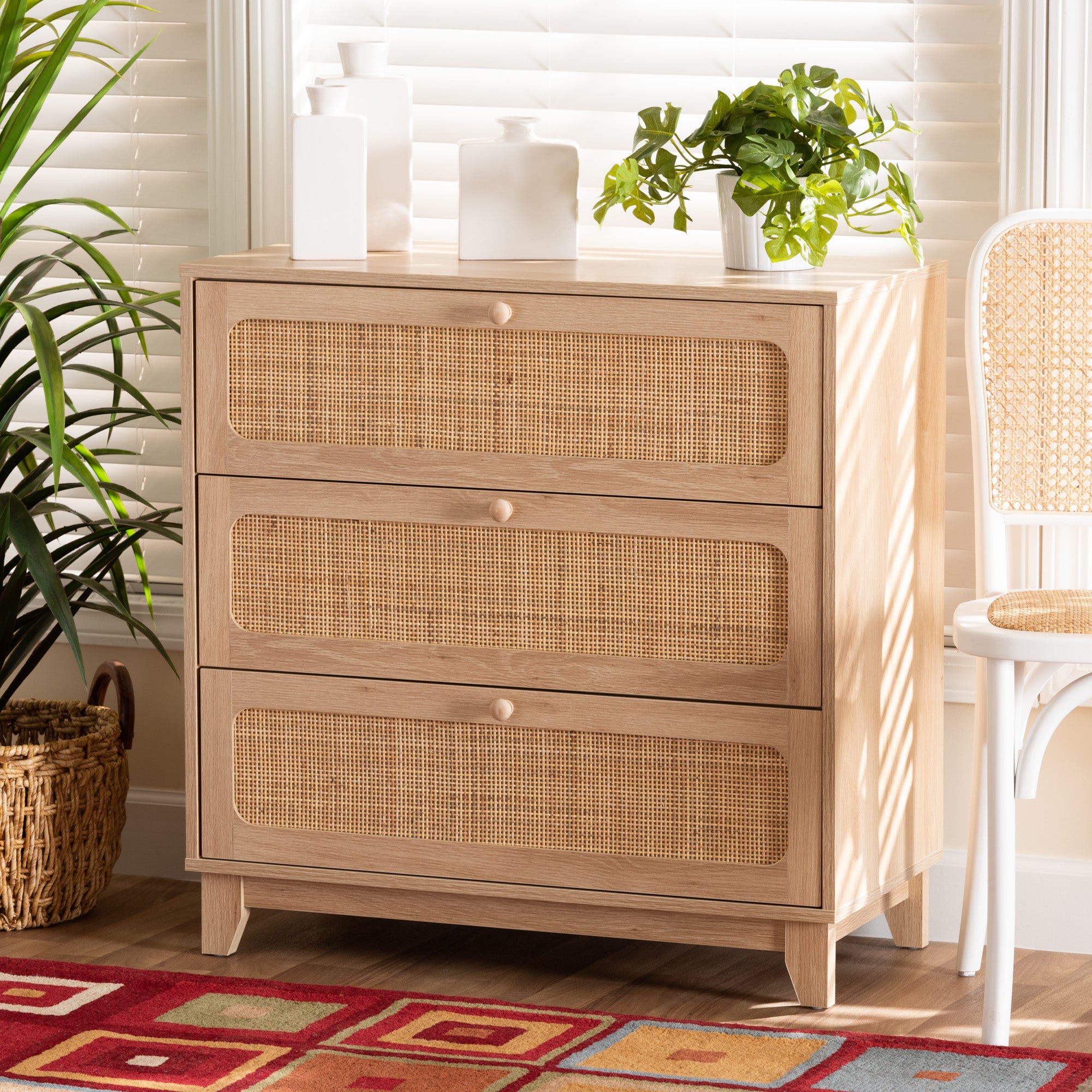 Elsbeth Japandi Oak Brown Finished Wood and Natural Rattan 3-Drawer Storage Cabinet