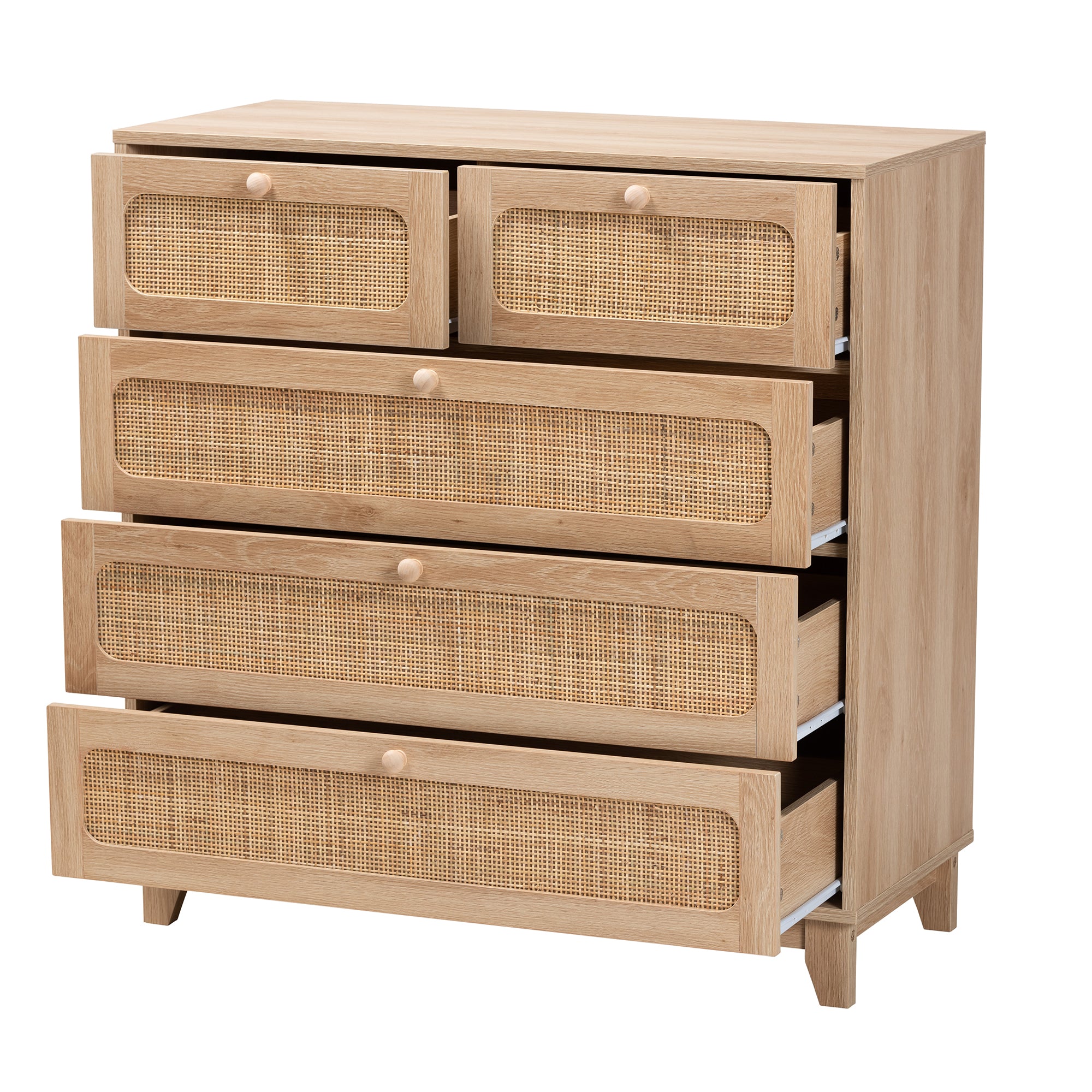 Elsbeth Mid-Century Modern Oak Brown Finished Wood and Natural Rattan 5-Drawer Storage Cabinet