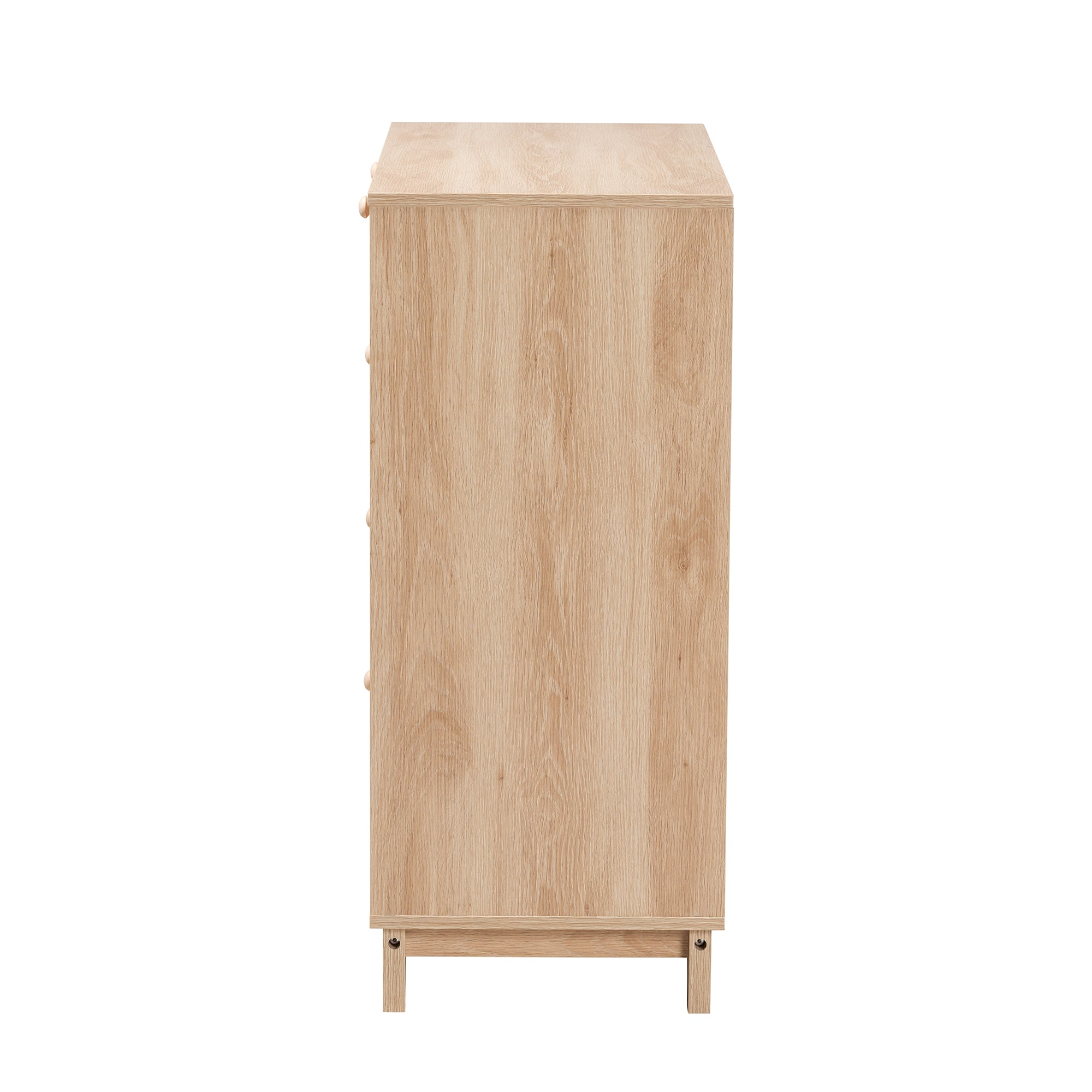 Elsbeth Mid-Century Modern Oak Brown Finished Wood and Natural Rattan 5-Drawer Storage Cabinet