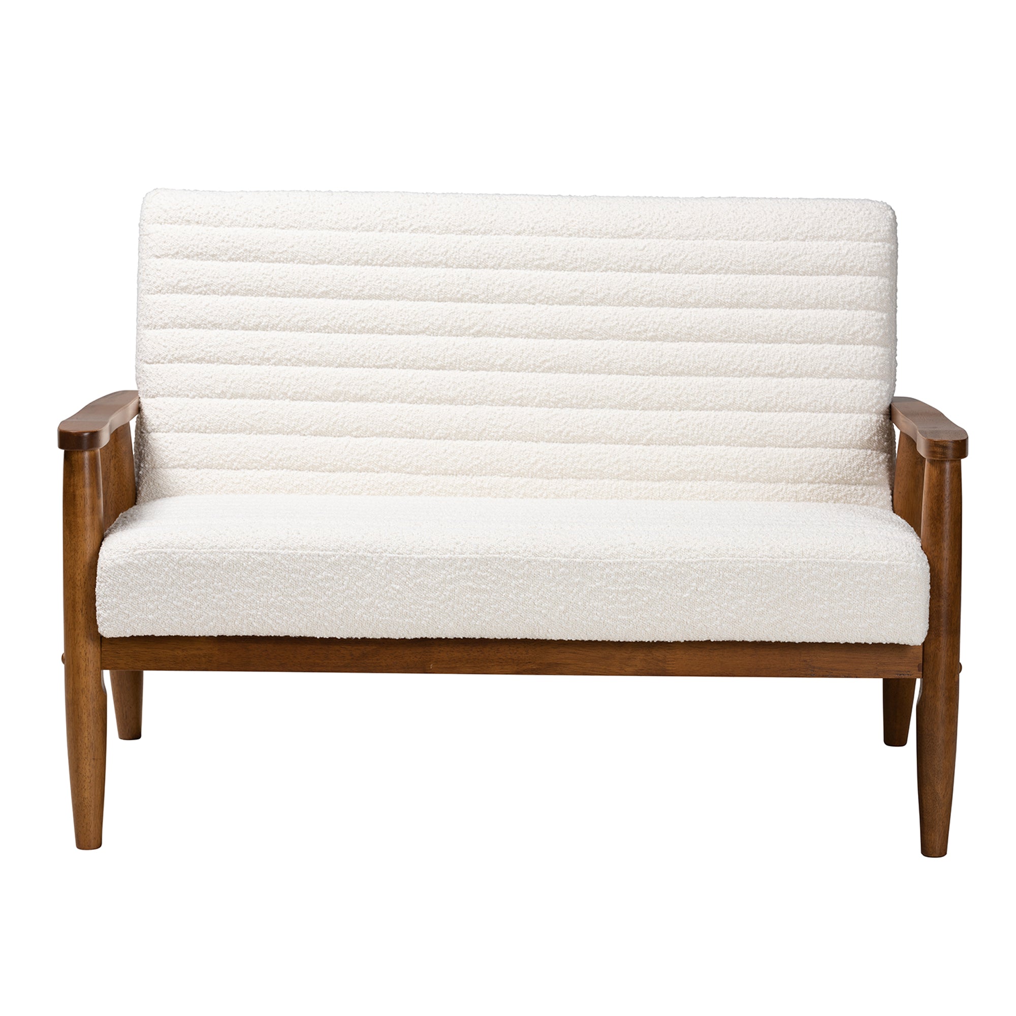 Stratton Mid-Century Modern Cream Boucle Fabric and Walnut Brown Finished Wood Loveseat
