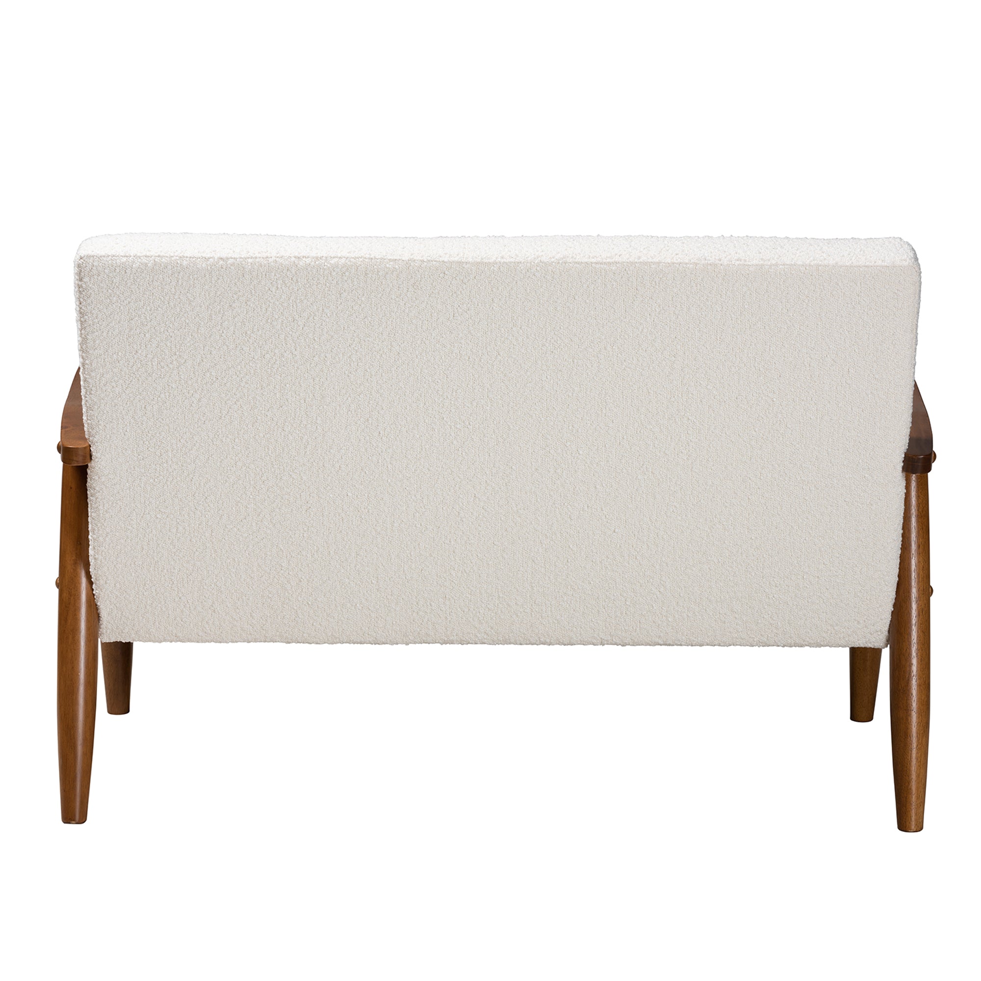 Stratton Mid-Century Modern Cream Boucle Fabric and Walnut Brown Finished Wood Loveseat